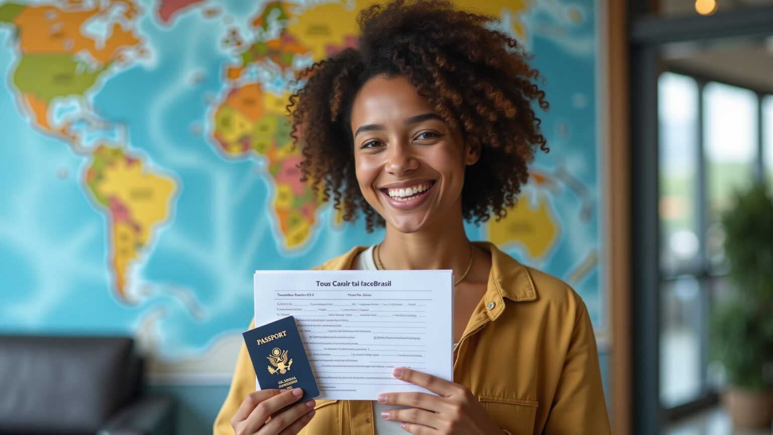Sem Consulado em Teresina? Veja Onde e Como Fazer o Visto Americano Pessoa brasileira sorrindo com passaporte e visto americano em mãos, planejando viagem.
