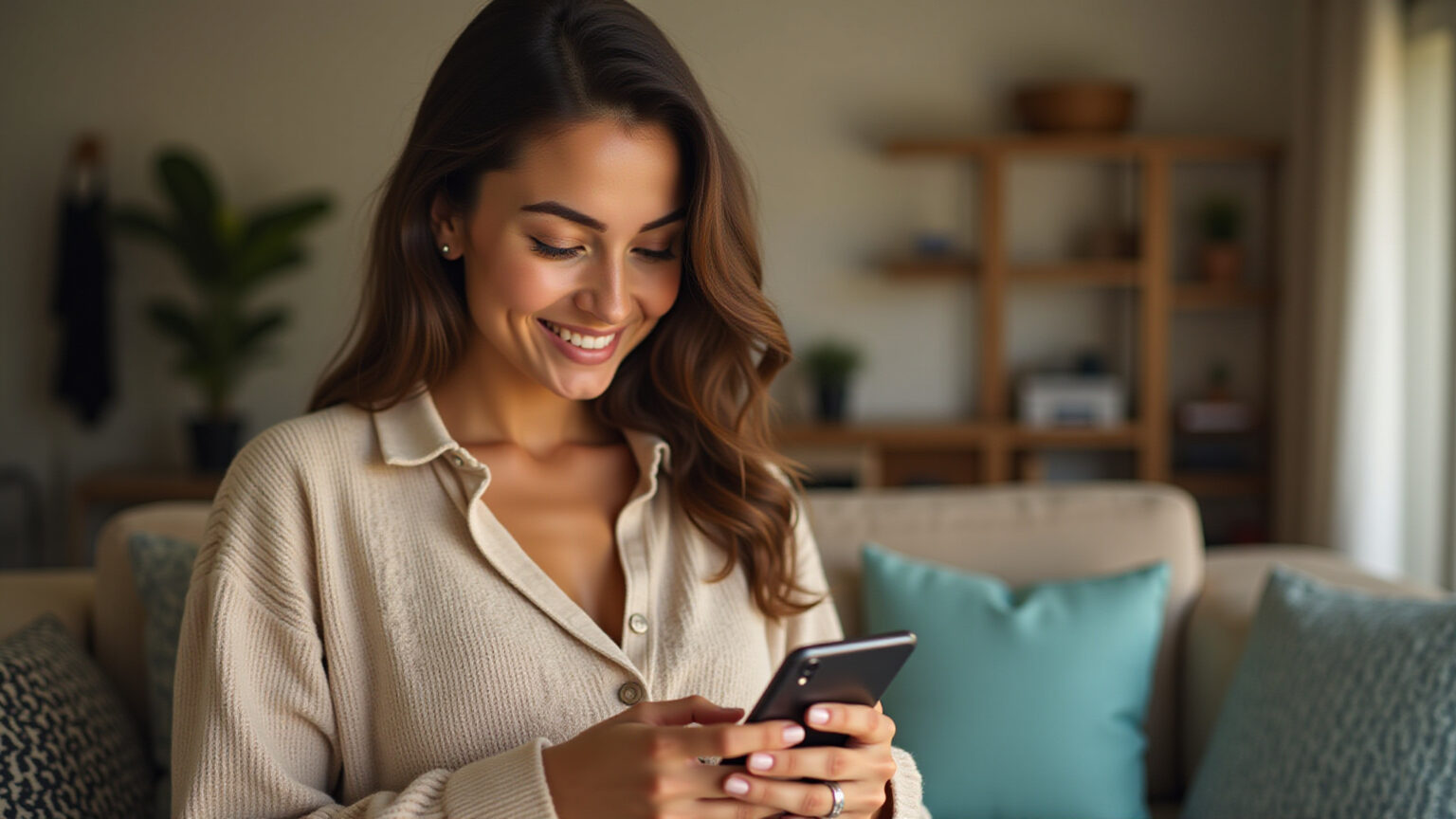 Como Saber se uma Loja Virtual de Roupas é Confiável: Passo a Passo com CNPJ Mulher brasileira verificando a confiabilidade de uma loja de roupas online usando seu celular.