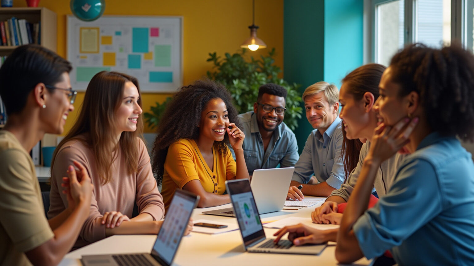Pessoas brasileiras diversas colaborando em um espaço moderno, discutindo estilo e personalidade digital.