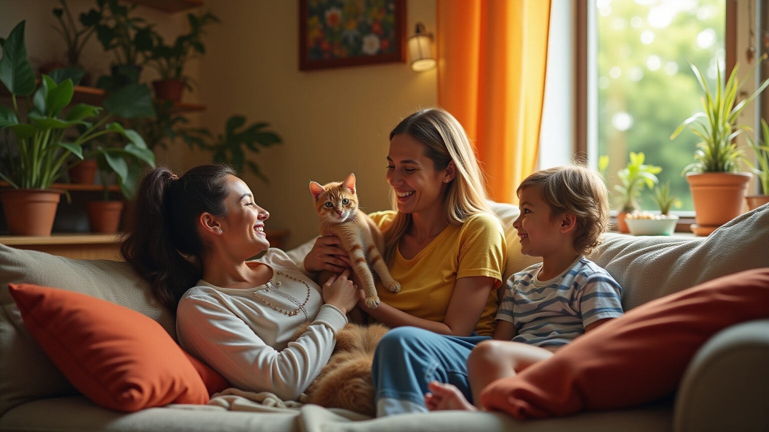 Família brasileira feliz com pets em sala aconchegante com decoração vibrante.