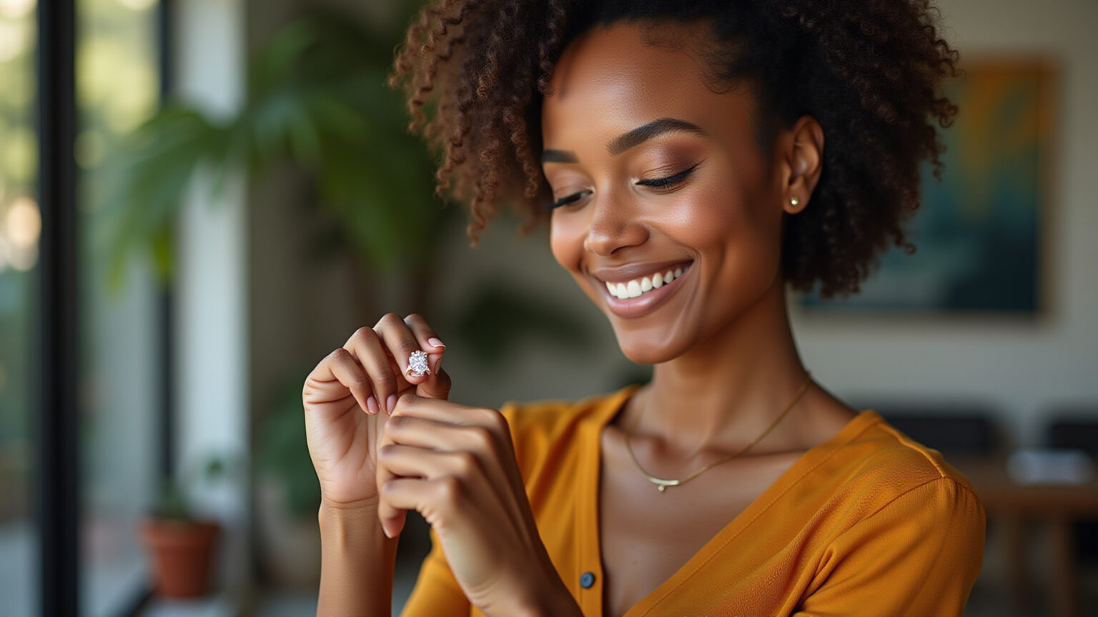 Mulher brasileira examinando anel de ouro 18k com diamante natural.